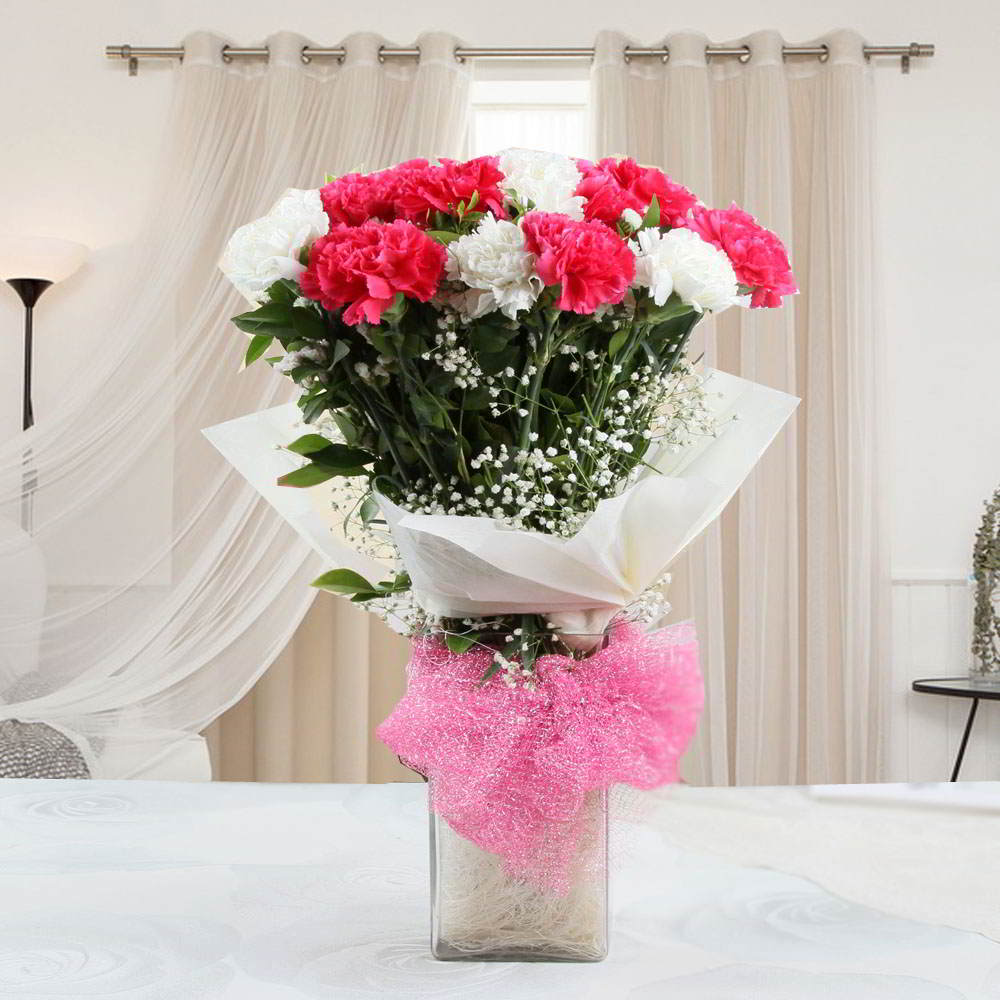 Glass Vase of Mixed Carnations Flowers