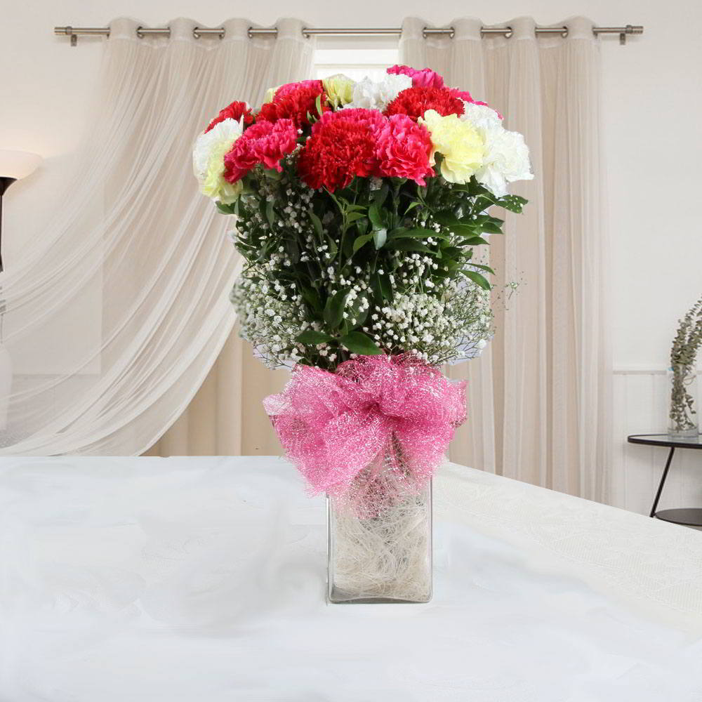Lovely Two Dozen Mix Carnations in Glass Vase