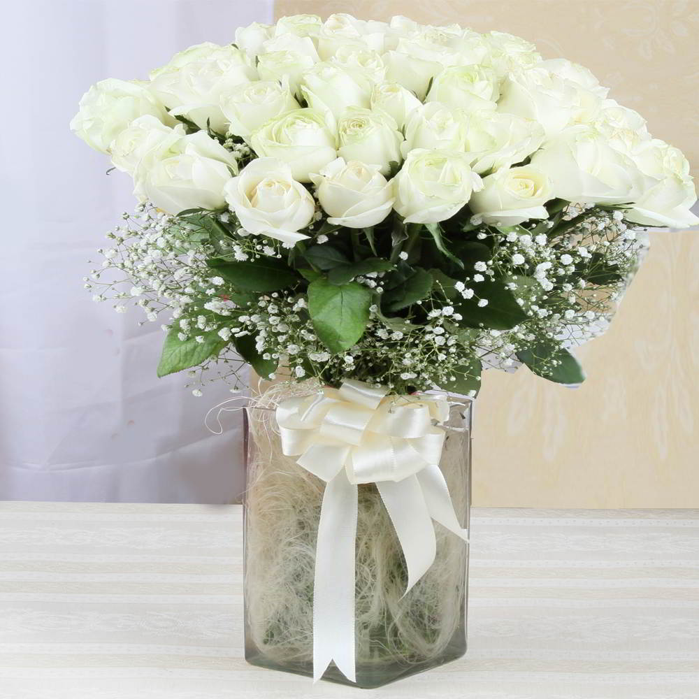 Glass Vase of White Roses