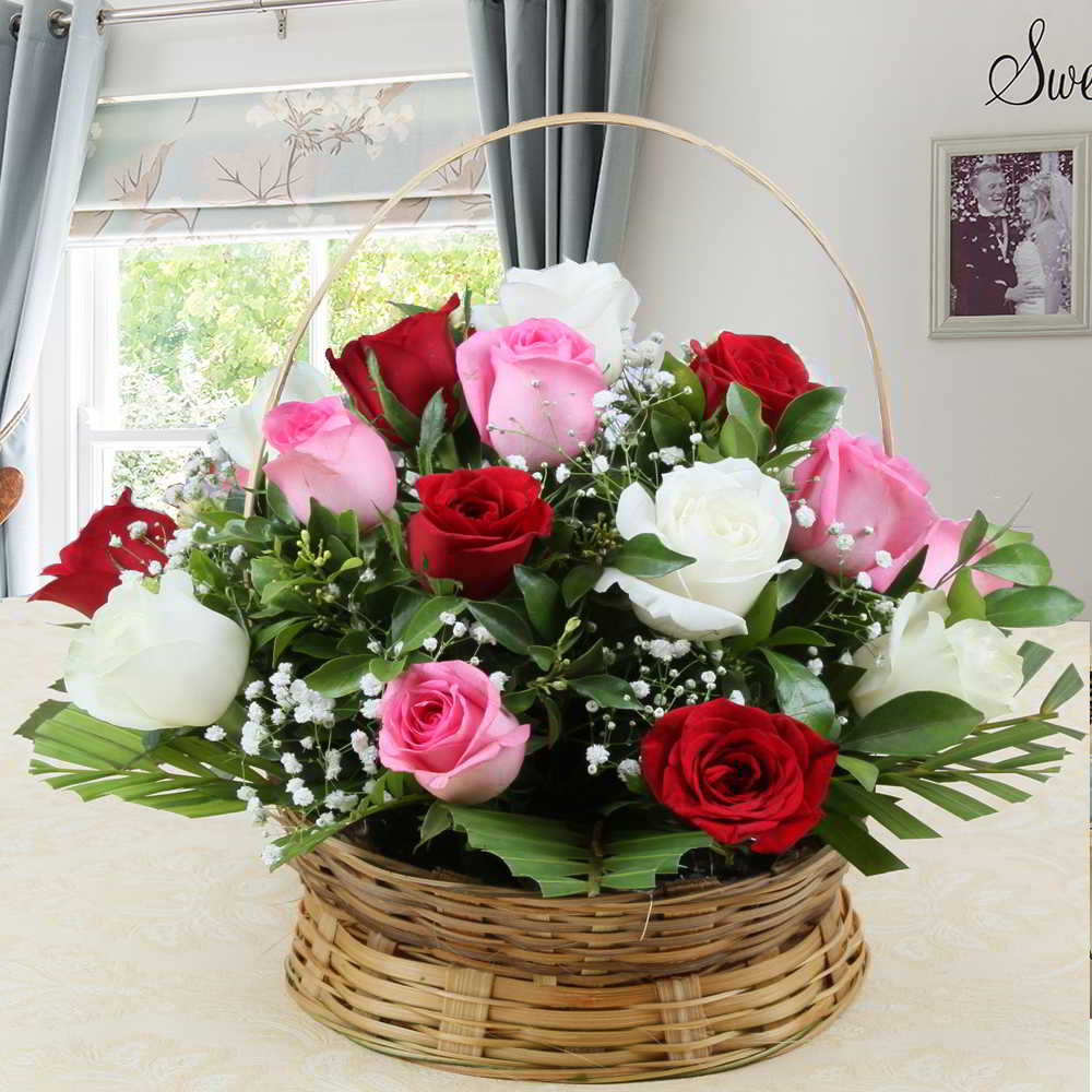 Basket Arrangement of Colorful Roses