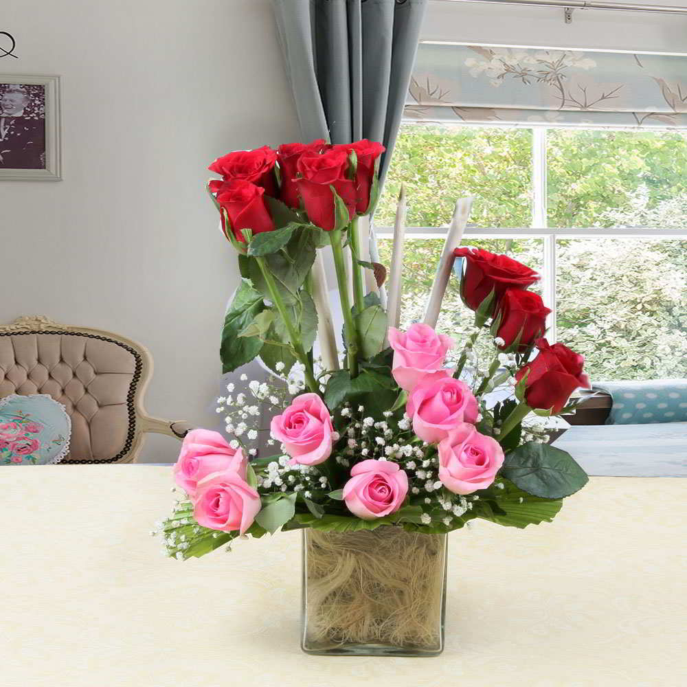 Pink and Red Roses in Glass Vase