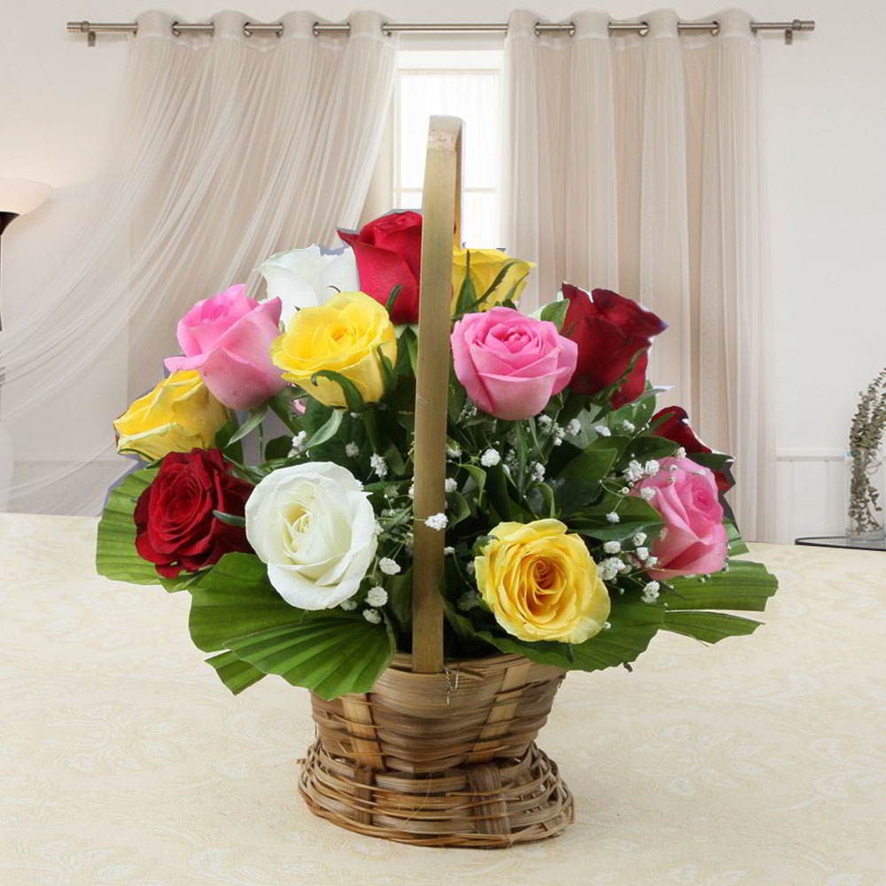 Fantastic Colorful Roses Basket Arrangement
