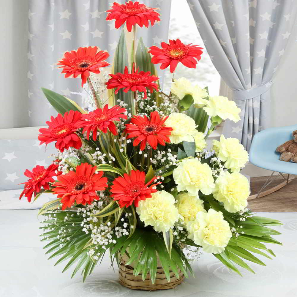 Arrangement of Yellow Carnations with Red Gerberas