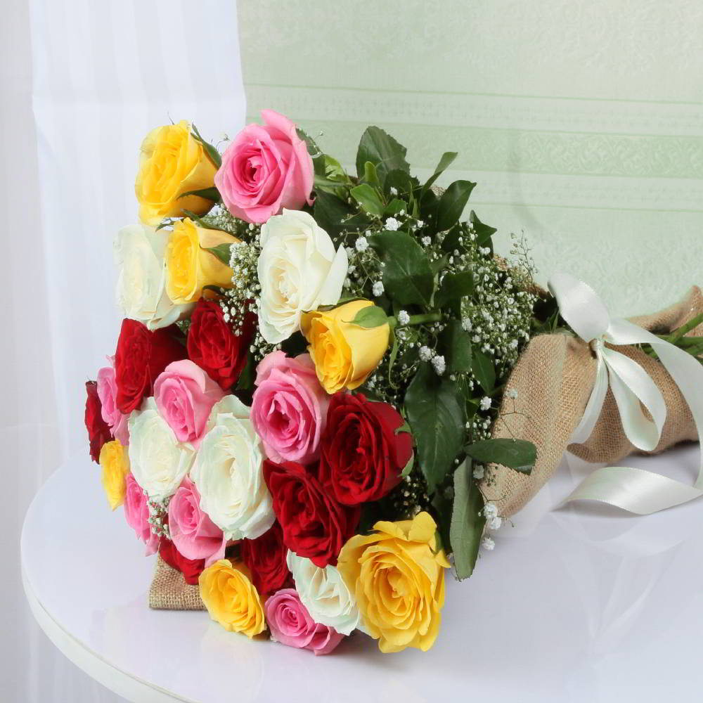 Jute Wrapped Mixed Roses Bouquet