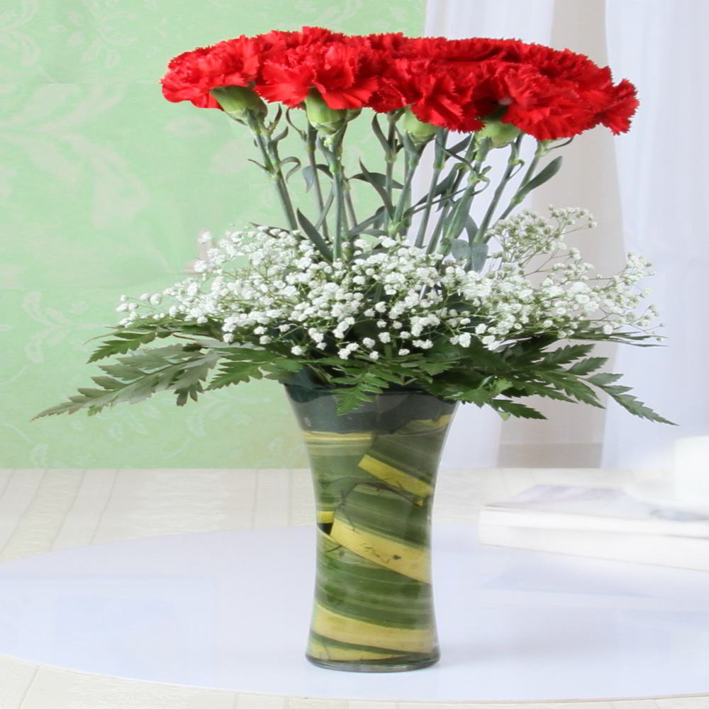 Twelve Red Carnation in Glass Vase