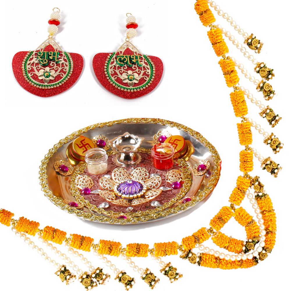 Gudi Padwa Pooja Gifts Set of Pooja Thali with Toran and Shubh Laabh Hanging