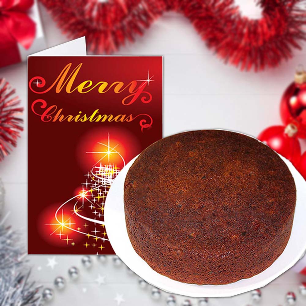 Merry Christmas Greeting Card and Plum Cake