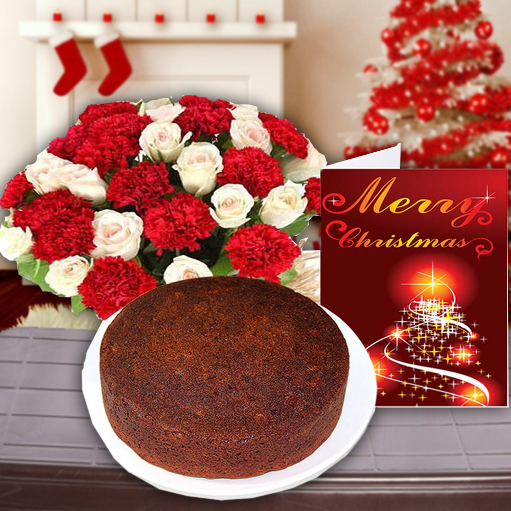 Merry Christmas Card with Cake and Flowers Combo