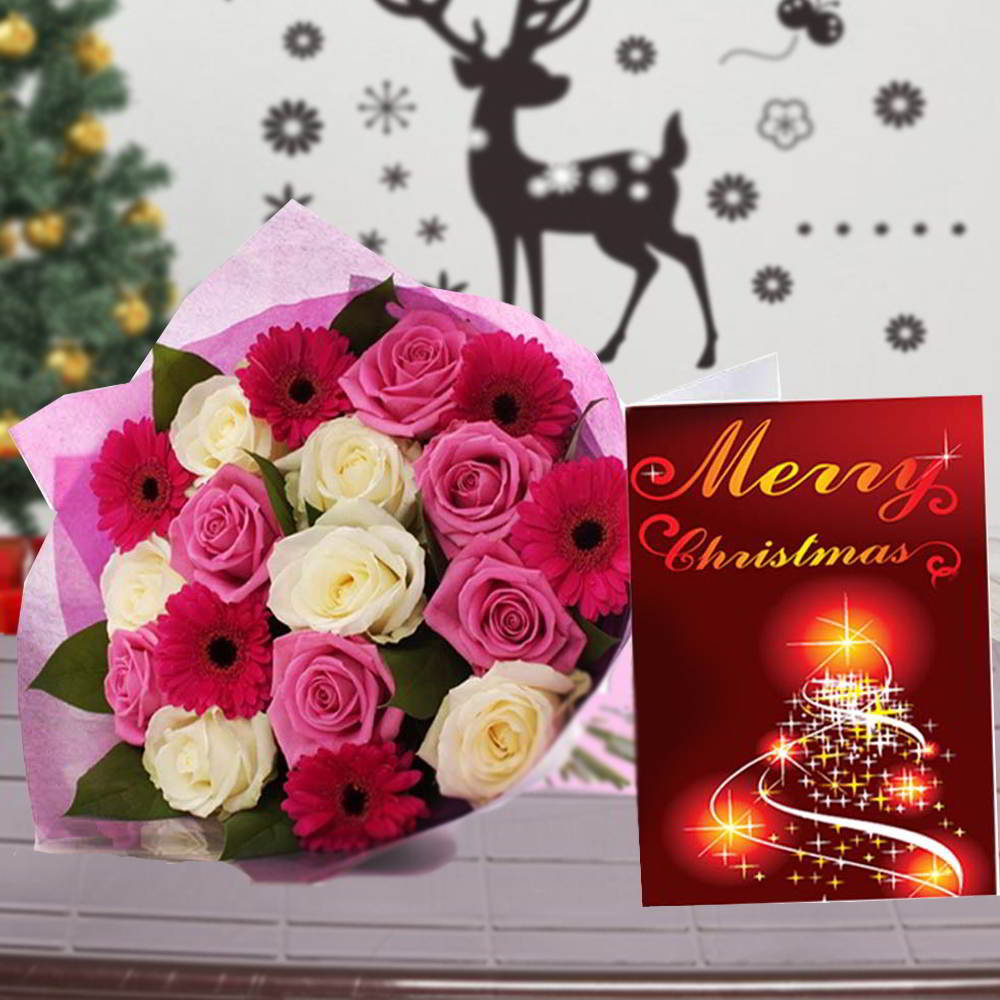 Mix Lovely Flowers Bouquet with Merry Christma Card