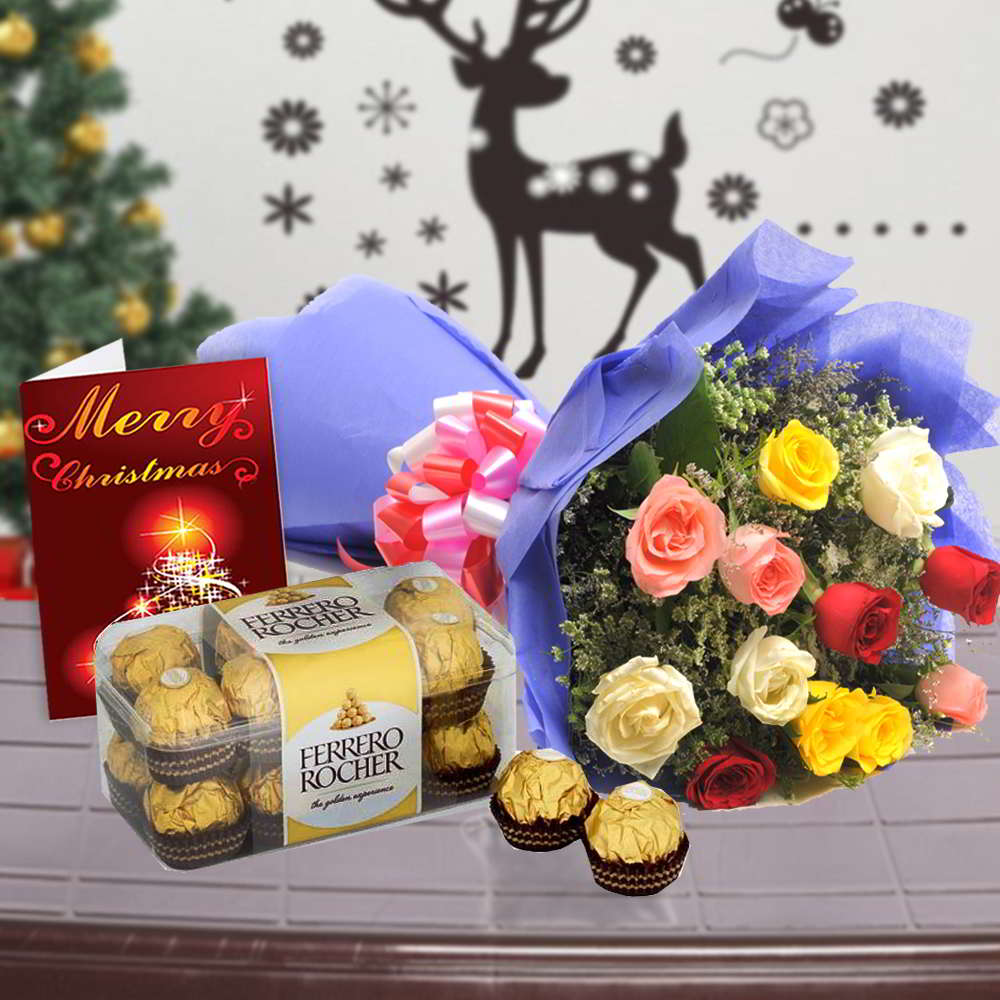 Rose Bouquet with Ferrero Rocher Chocolate and Christmas Card