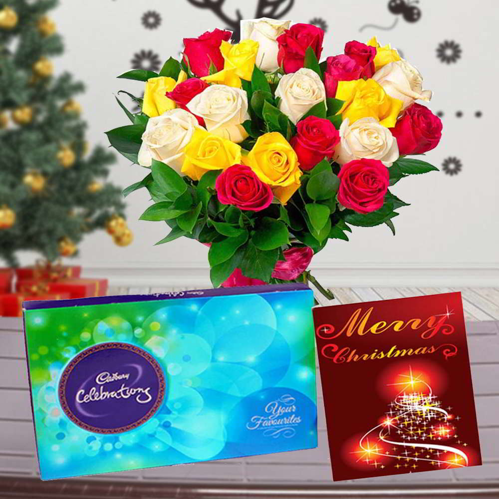 Rose Bouquet with Cadbury Celebration Chocolate and Christmas Card