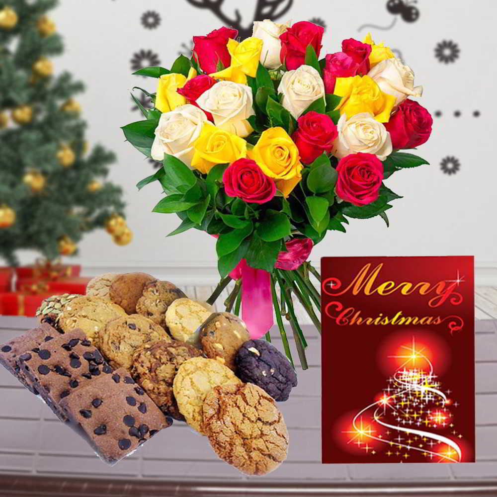 Assorted Cookies with Christmas Cardand Mix Roses Bouquet for Christmas