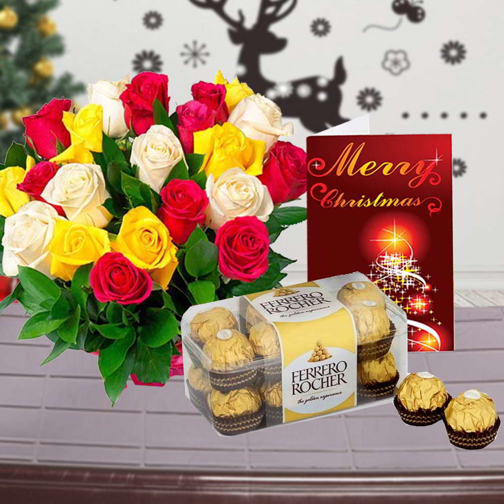 Mix Roses Bouquet with Ferrero Rocher Chocolate Box and Christmas Card