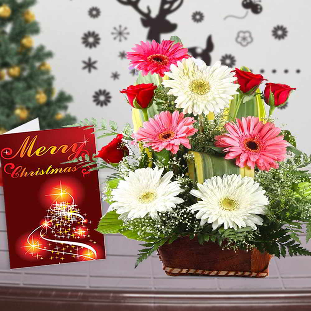 Mix Flower Basket with Merry Christmas Greeting Card