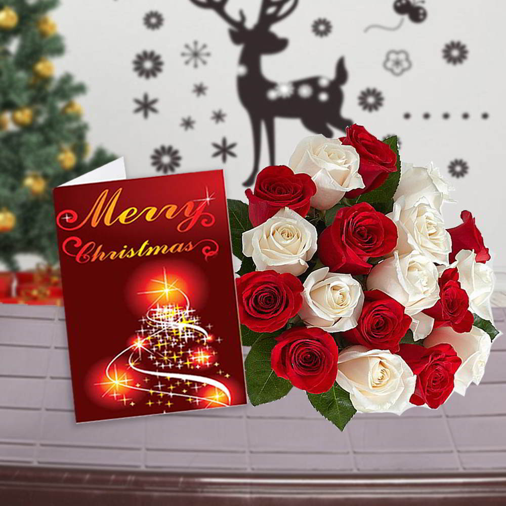 Red and White Roses Bouquet with Christmas Greeting Card