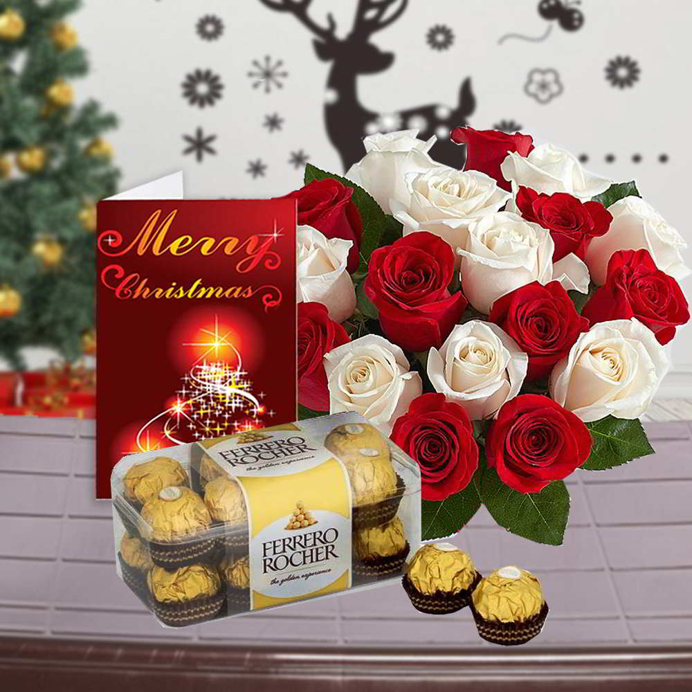 Roses Bouquet with Ferrero Rocher Chocolate and Christmas Greeting Card