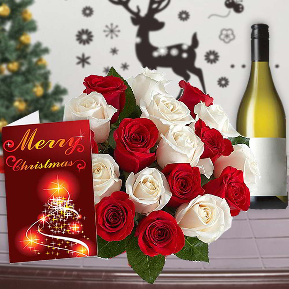 Mix Roses Bouquet with Indian Wine and Christmas Card