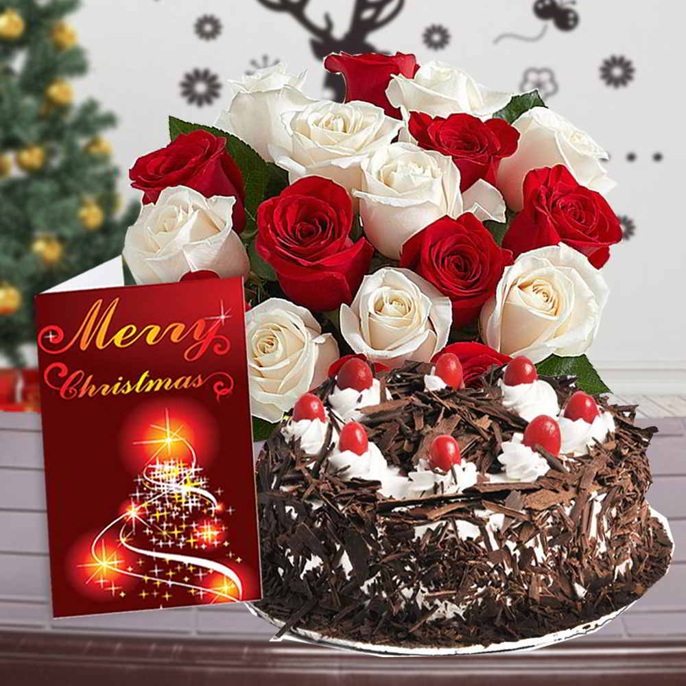 Roses Bouquet with Black Forest Cake and Christmas Greeting Card