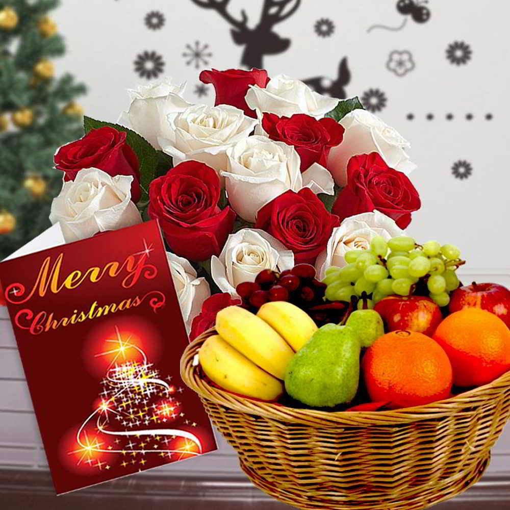 Mix Roses Bouquet with Fruits Basket and Christmas Card