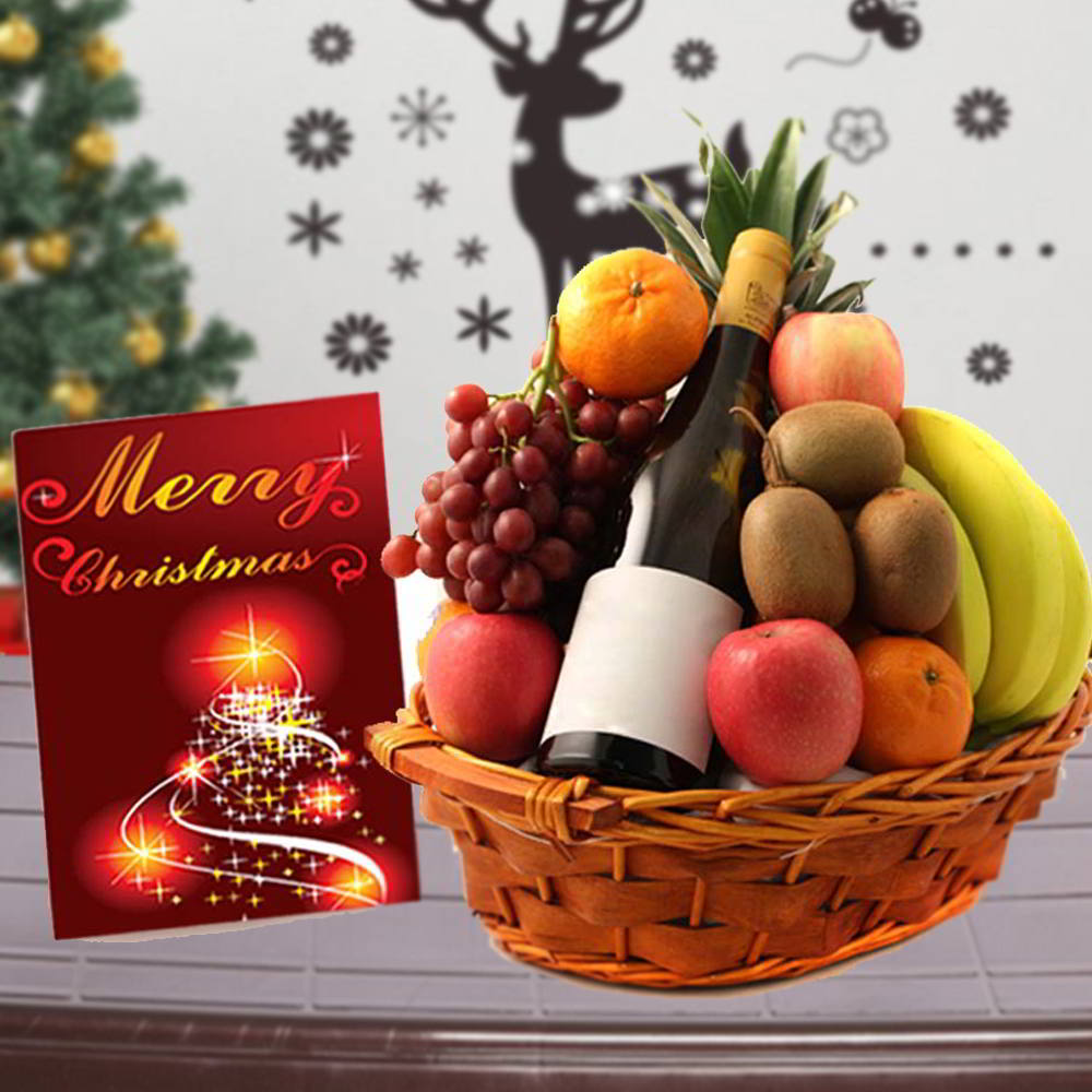 Mix Fruit Basket with Indian Wine and Christmas Card