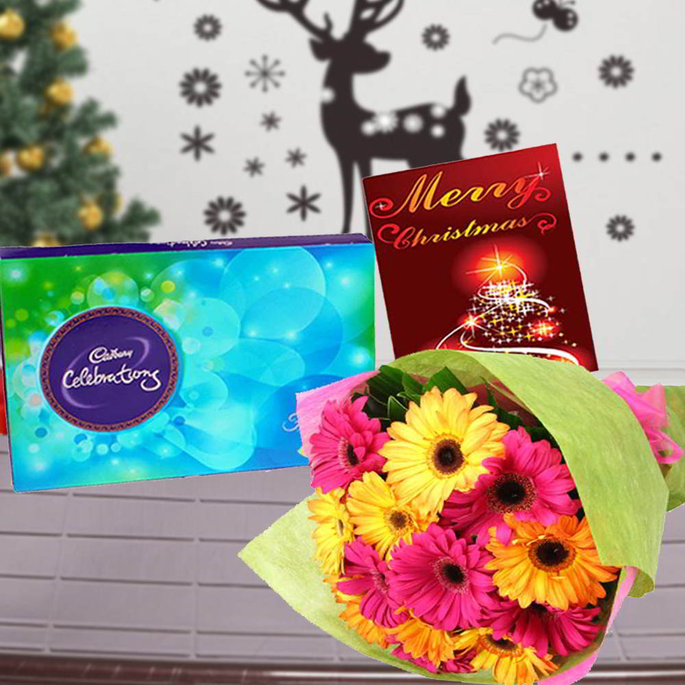 Mix Gerberas Bouquet with Cadbury Celebrations Chocolate and Christmas Card