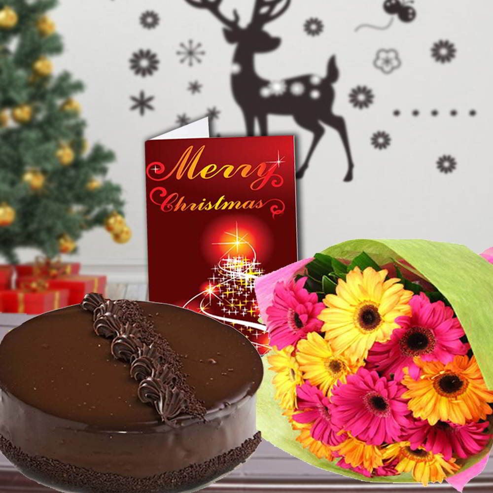 Chocolate Truffle Cake with Mix Gerberas Bouquet and Christmas Card