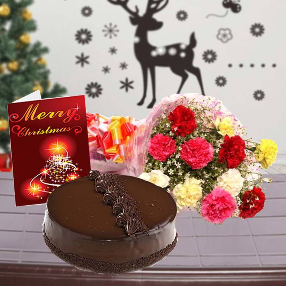 Truffle Cake with Mix Carnations Bouquet and Christmas Greeting Card
