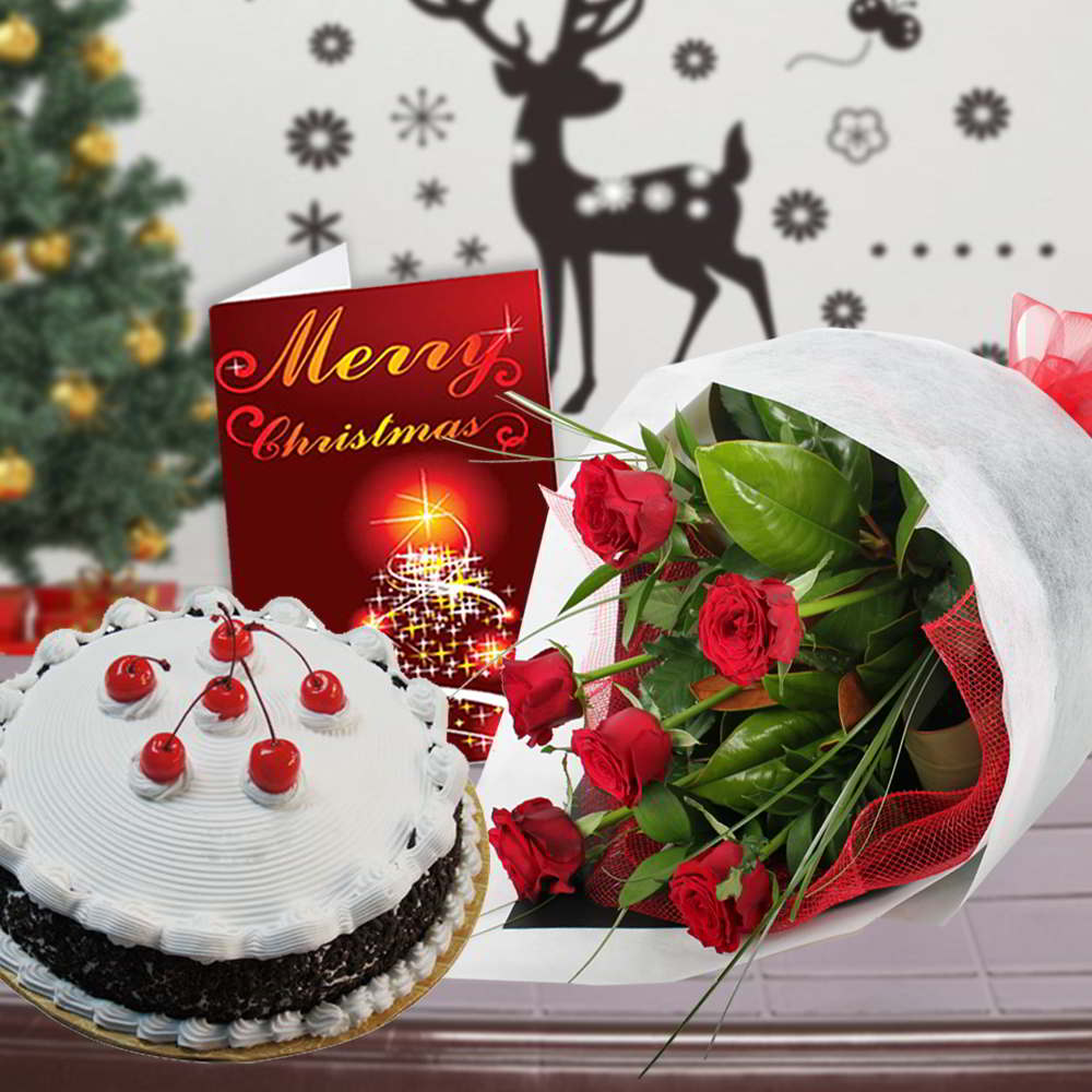 Red Roses Bouquet with Black Forest Cake and Christmas Card
