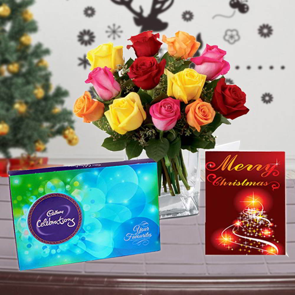 Mix Roses Vase Arrangement with Cadbury Celebration Chocolates and Christmas Card