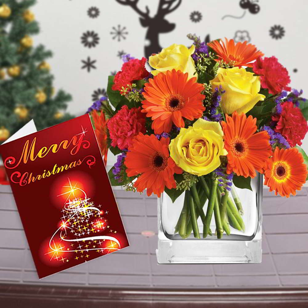 Mix Flowers Vase Arrangement with Merry Christmas Greeting Card