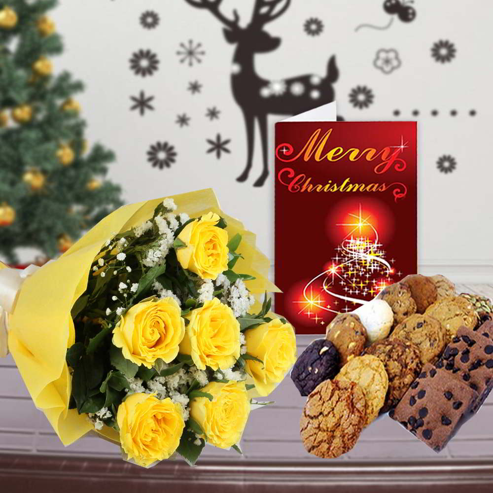 Yellow Roses Bouquet with Assorted Cookies and Christmas Card