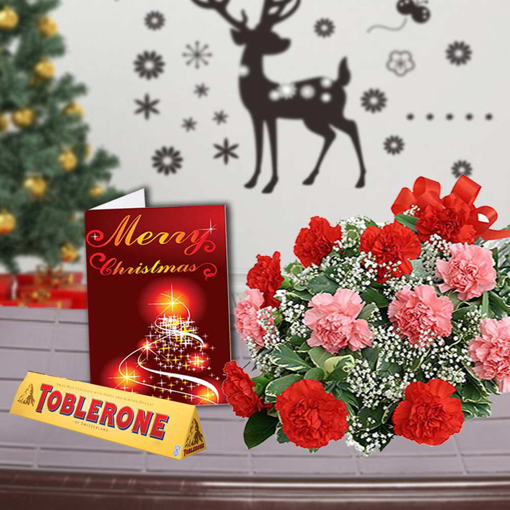 Mix Carnations Bouquet with Toblerone Chocolates and Christmas Greeting Card