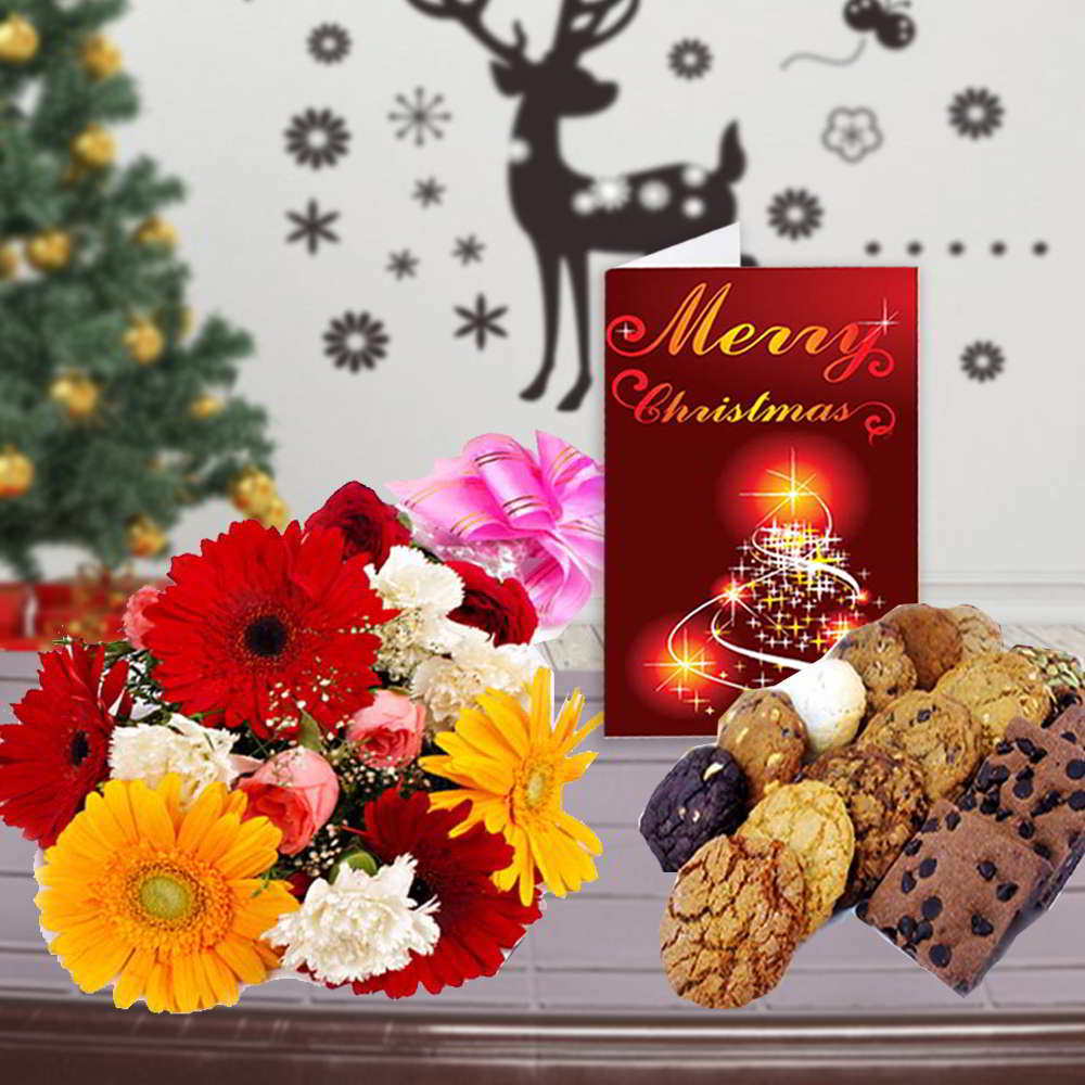Mix Flowers Bouquet with Assorted Cookies and Christmas Greeting Card