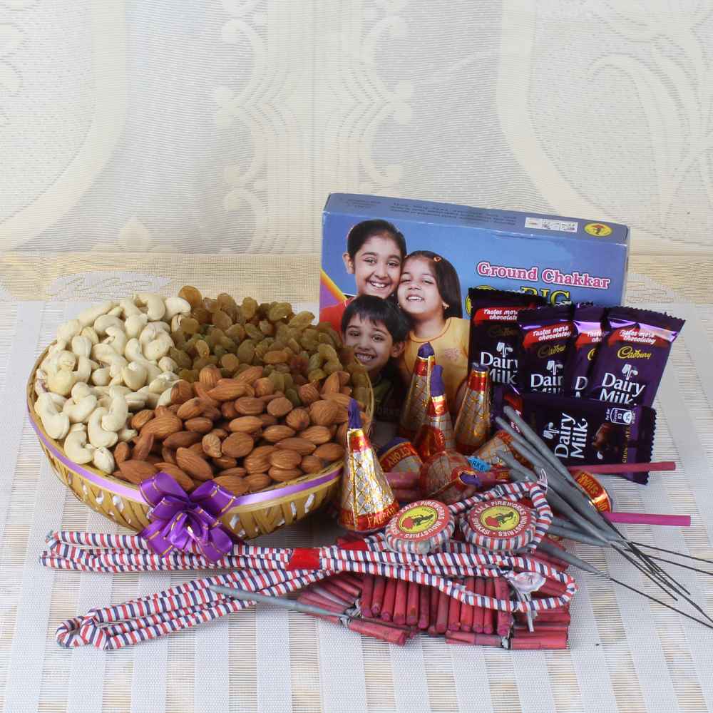 Dry fruit Basket with Dairy Milk Chocolates and Diwali Crackers