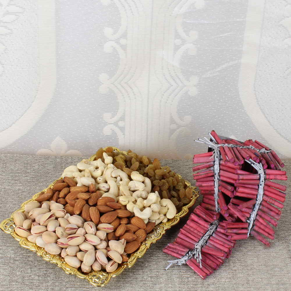 Dry fruit Tray with Red color Diwali Crackers