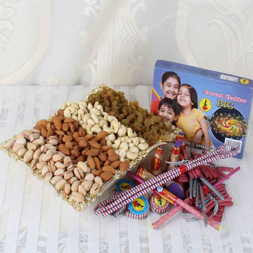 One Kg Mix Dry fruit Tray with Diwali Crackers