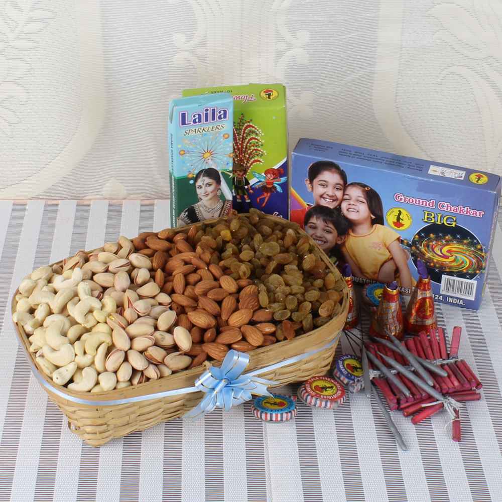 1 Kg Assorted Dry fruit Basket along with Diwali Crackers