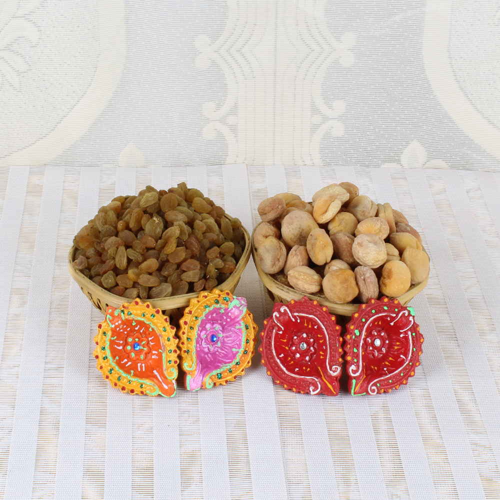 Diwali Dry fruit Basket with Four Earthen Diyas