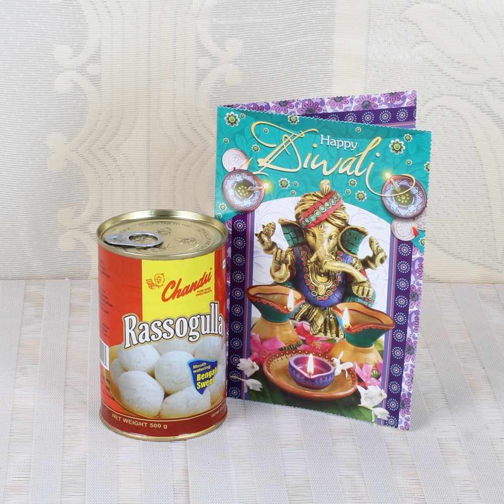 Rasgulla Sweets with Diwali Greeting Card