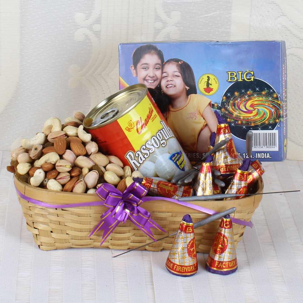 Diwali Fire Crackers and Rasgulla Sweets with Assorted Dry fruit Basket