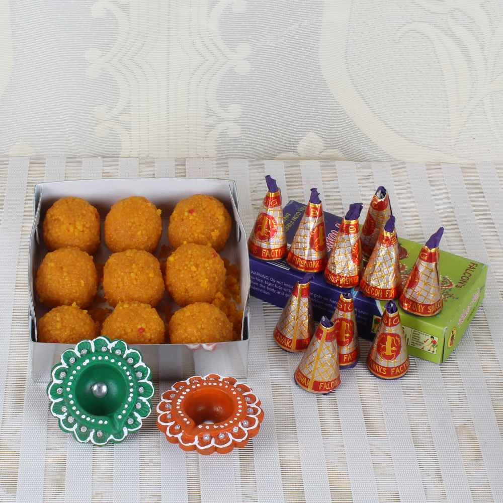 Boondi Laddu Box and Flower pot cracker with Earthen Diyas