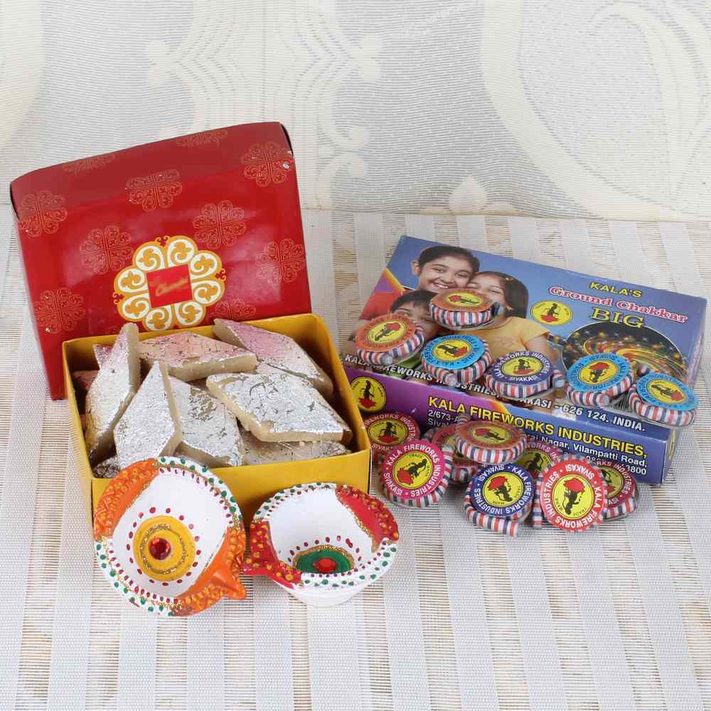 Diwali Kaju Katli Box with Zamin Chakkar cracker and Earthen Diya Set