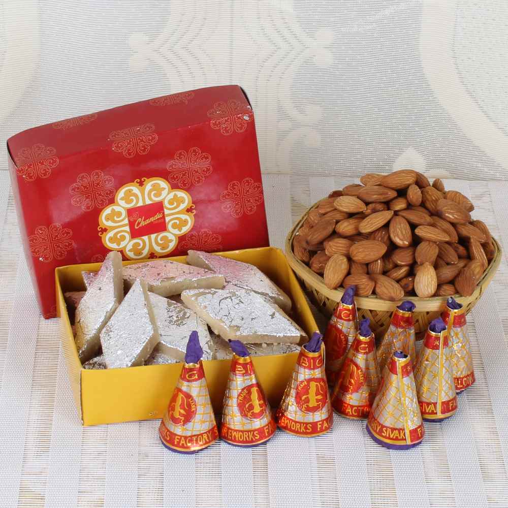 Kaju Katli Box with Flower pot cracker and Almond Basket