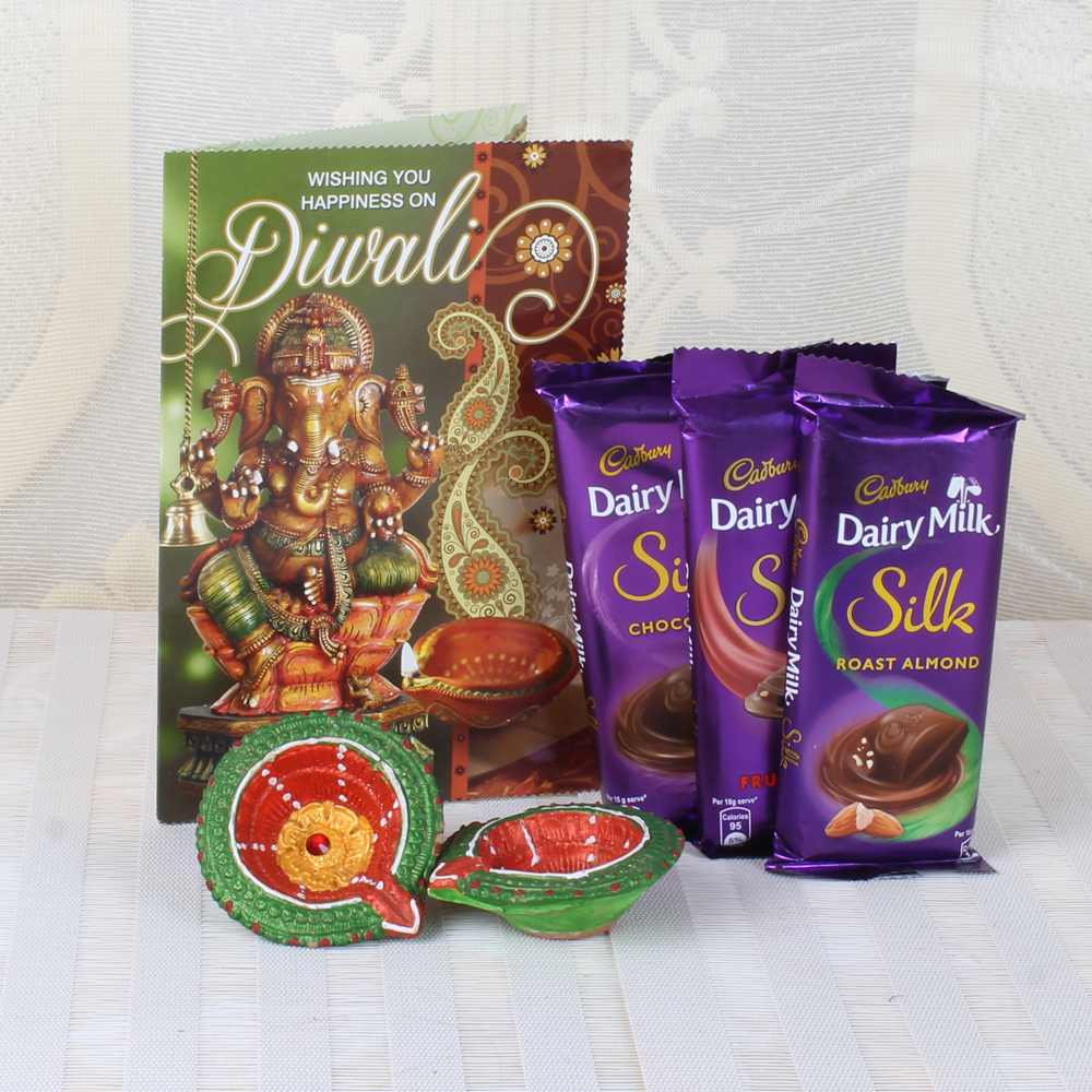 Diwali Silk Chocolates Hamper of Greeting Card with Earthen Diyas