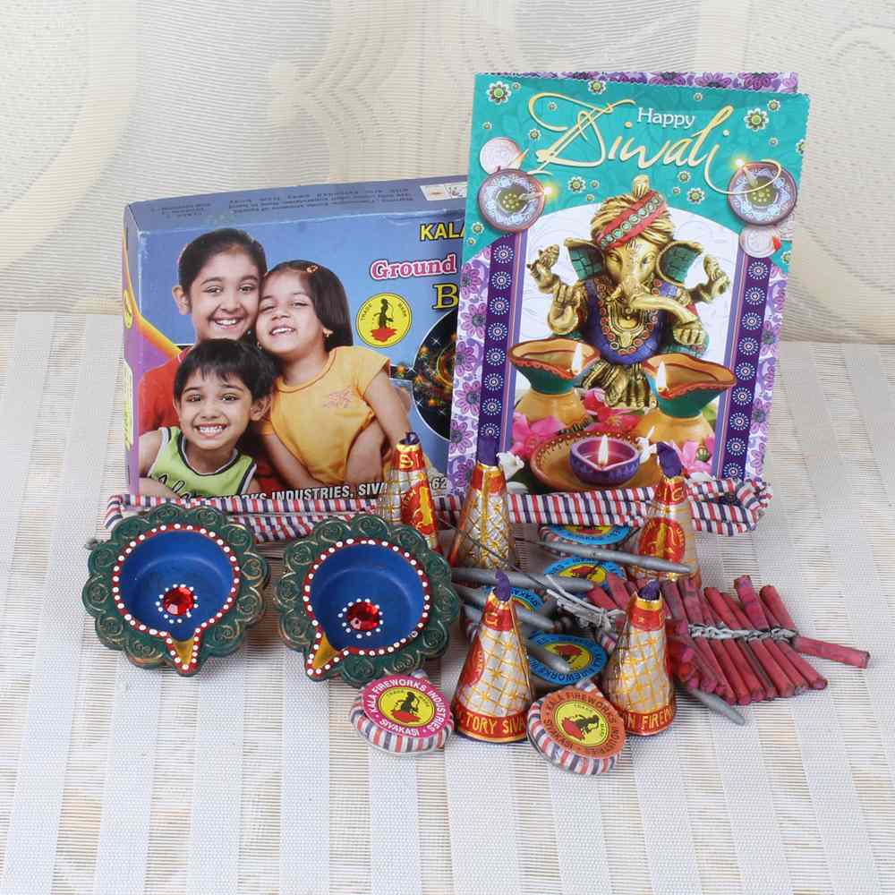 Diwali Crackers Combo Including Greeting Card with Earthen Diyas