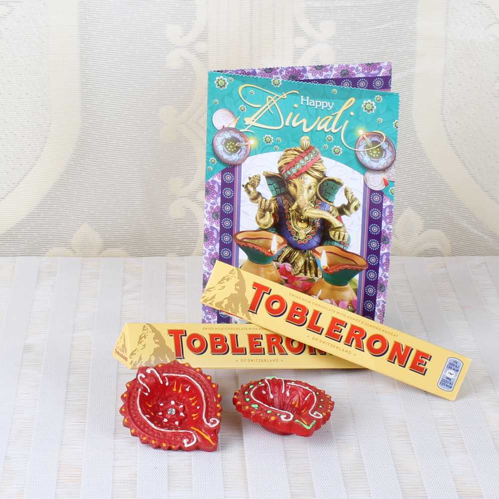 Diwali Toblerone Chocolates with Greeting Card and Earthen Diyas