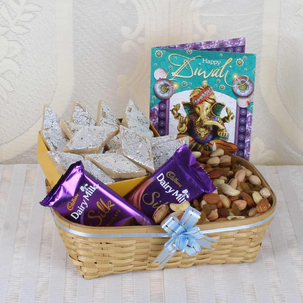 Diwali Wishes Hamper for Family of Assorted Dry Fruit Basket with Kaju Katli Sweet and Silk Chocolate