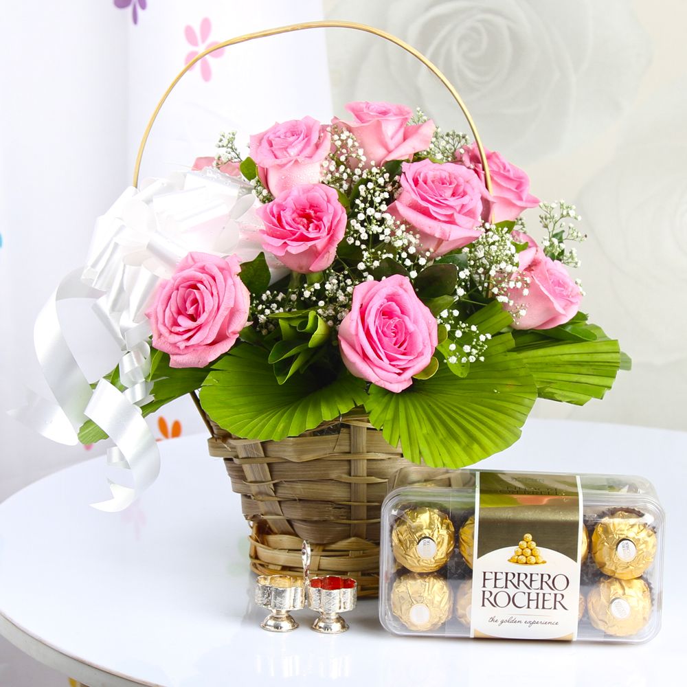 Holi Tikka Gift of Pink Roses and Ferrero Rocher Chocolate