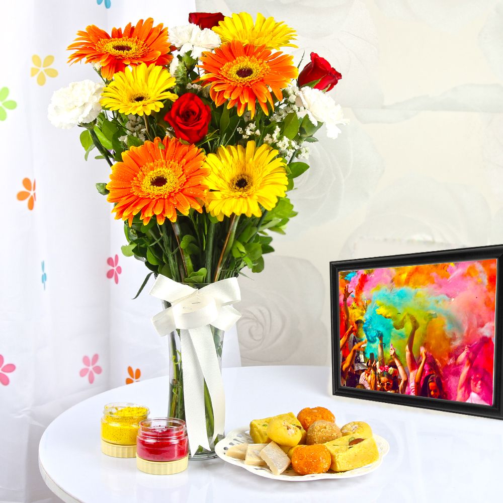 Holi Sweets with Colors and Flowers Vase