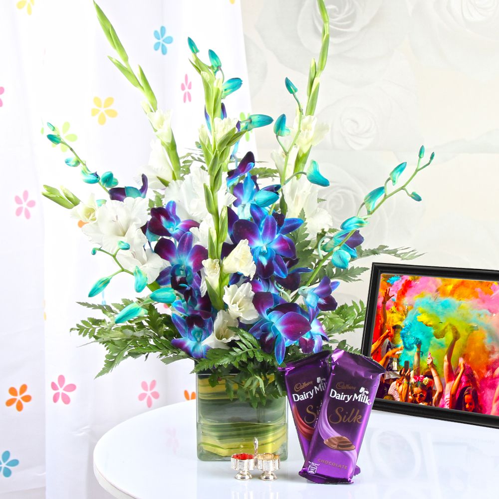 Holi Tikka with Silk Chocolate Treat and Orchids Vase